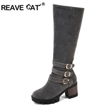 REAVE CAT/Для женщин толстый каблук до колена теплые зимние сапоги из флока с круглым носком Модные кожаные botas качественная обувь на молнии A866