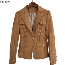 LXUNYI женские блейзеры и куртки повседневные металлические пуговицы на шнуровке длинный рукав тонкий замшевый пиджак женская куртка пальто на осень