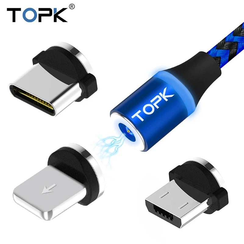 TOPK R Line3 светодиодный магнитный кабель для iPhone X 8 7 6 SE iPad нейлоновый Кабель Micro usb в