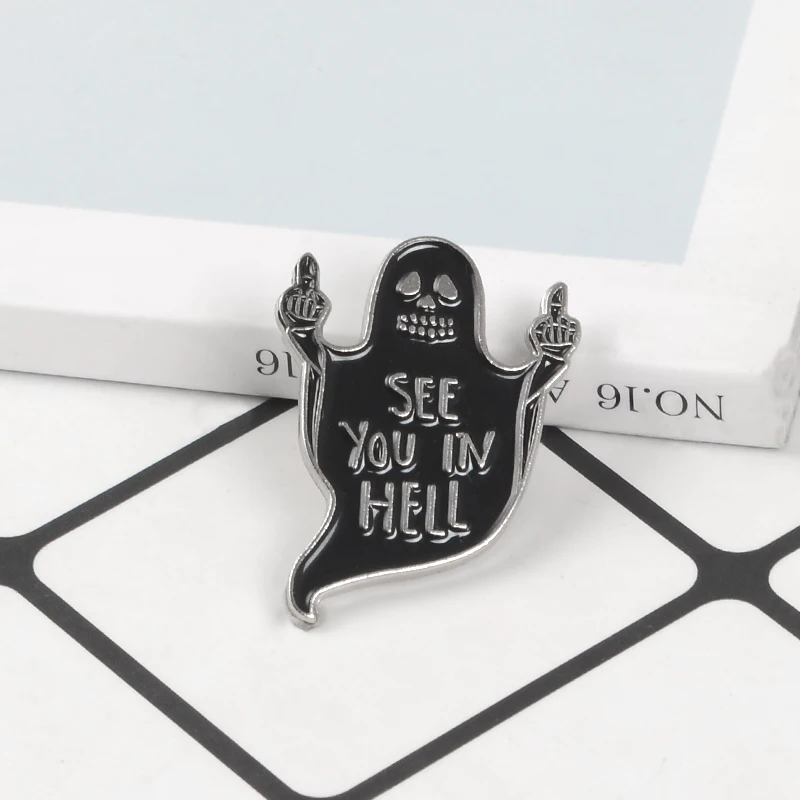 

Ghost Enamel Pin Black Specter Middle finger Death F*k Brooch Badge Lapel Pin Halloween Pins Punk Goth Jewelry Gift for friends