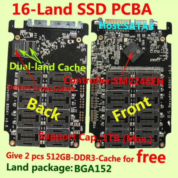 

SM2246EN 16-land SSD PCBA, DIY SSD PCBA, 2-pc DDR3 DRAM for free, BGA152/BGA132, SATA3 SM2246EN Controller,1G DRAM to 1T CAP.