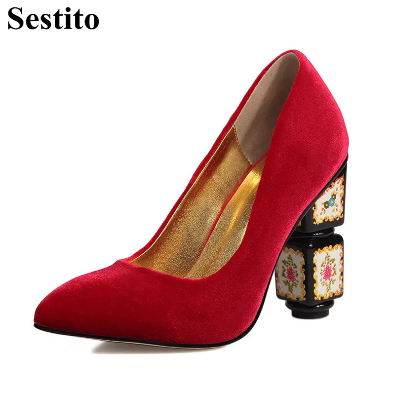 Retro Red Crystal Flower Flock Casual Shoes Pointed Toe Pumps Black High Heels Pumps Women 10 cm Square Heel Slip-on Women Shoes