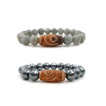 

Lii Ji One Eye DZI Agate Beads Labradorite 10mm or Faceted Hematite 12mm Beads Bracelet For Men Women