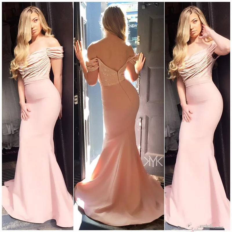 

Blush Pink Bridesmaid Dresses For Women Mermaid Off The Shoulder Sequins Long Cheap Under 50 Wedding Party Dresses