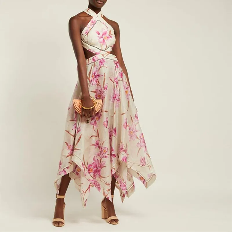 

Sexy Halter Off the shoulder Flower Print Lace Patchwork Summer Dress Women Backless Lace up Irregular Big Swing Beach Sundress