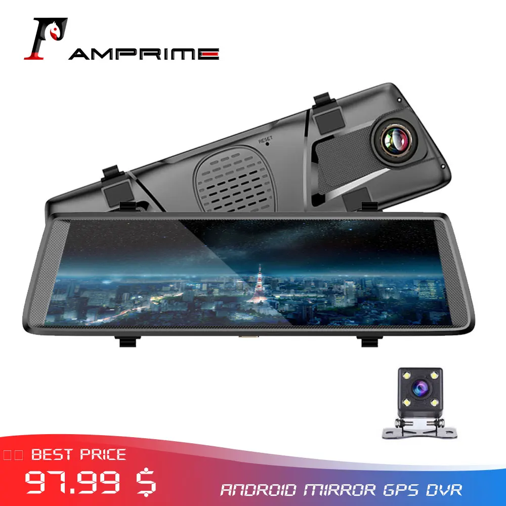 

AMPrime V6 10" IPS 3G Android DashCam Mirror GPS Dual Lens Car DVR Wifi Touch Screen Video Recorder Rearview Mirror Recorder
