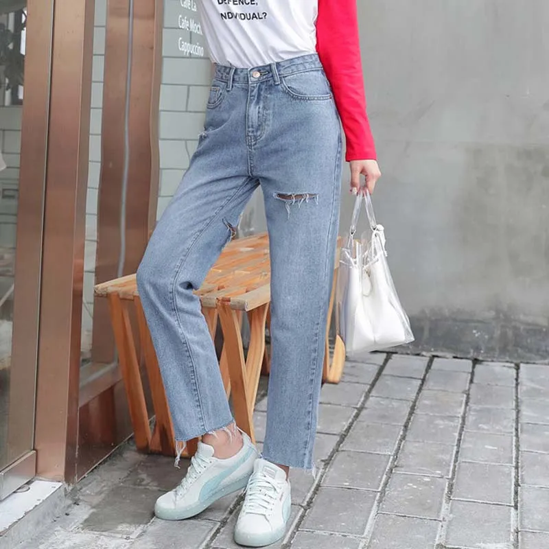 2019 новый для женщин Harajuku джинсы для высокая Талия Тонкий джинсы рваные, с дырками Прямые хлопковые ботильоны длина Жан женский #5503