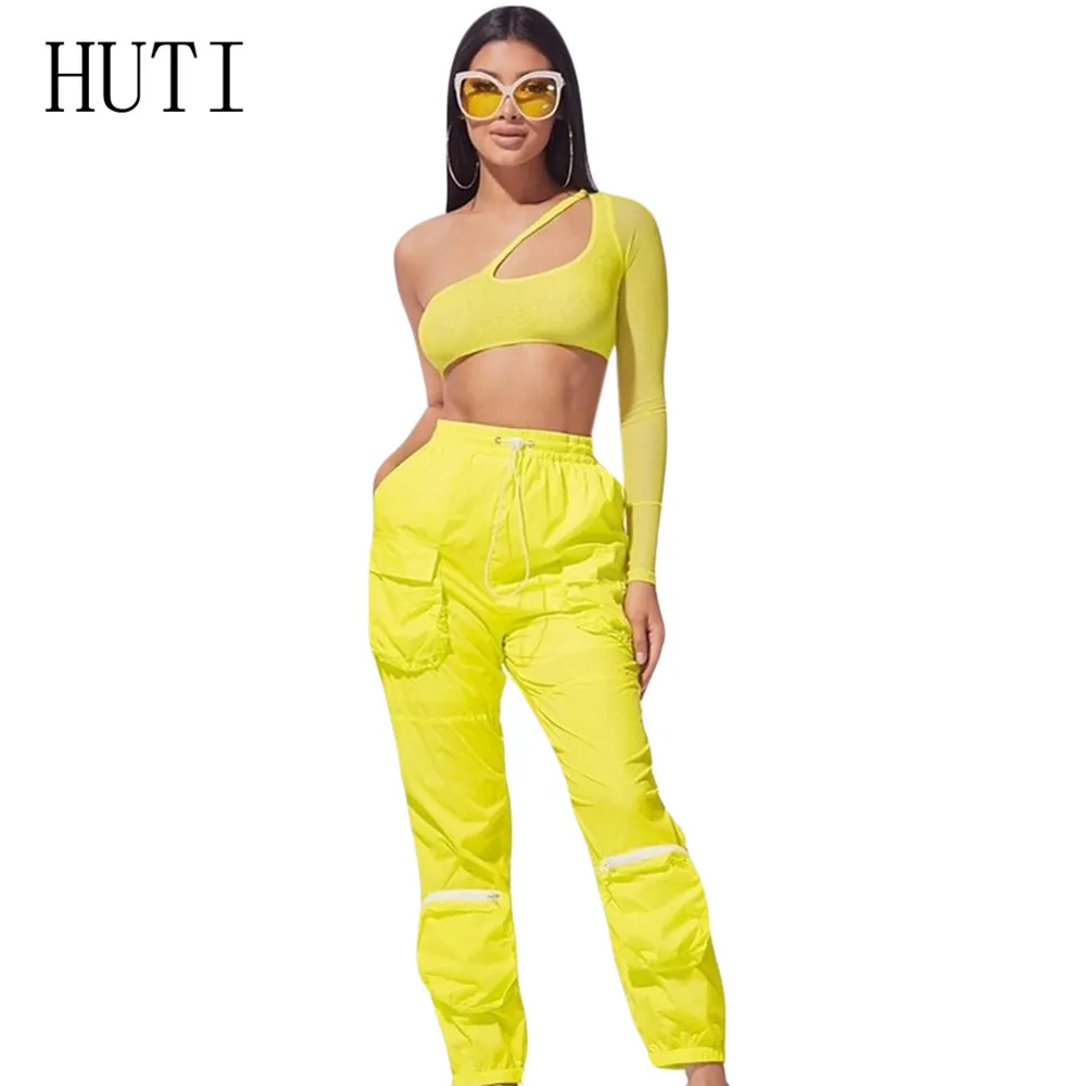

HUTI Women's Clothing Mesh Crop Top + Woven Fabric Trousers Elegant Hoolow Out Casual Playsuits Summer Elegant Streetwear Vadim
