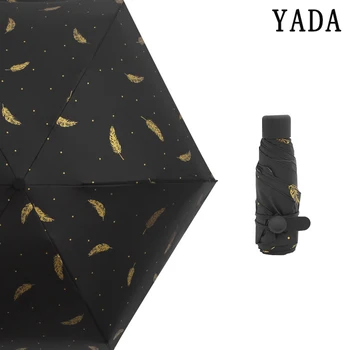 

YADA Parasol Feather Pattern Folding Rainy Mini Pocket Umbrella For Women Men Anti-UV Small Black Coating Umbrellas Gifts YD075