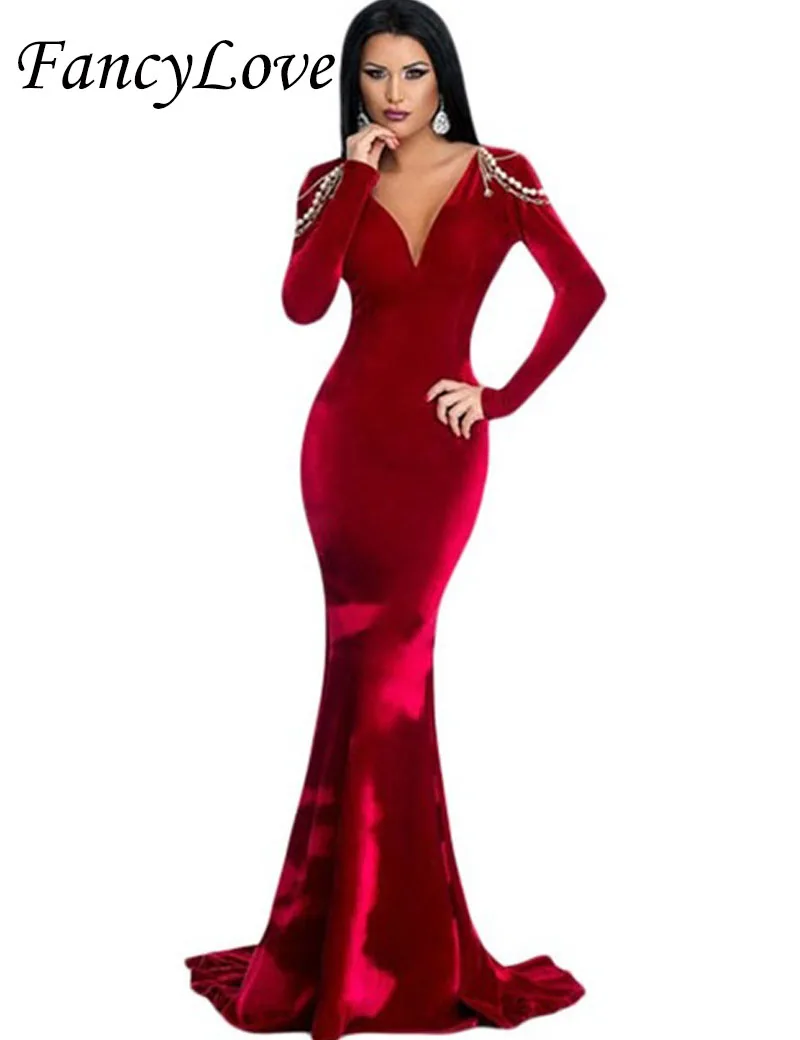 DL61271 V neck red velvet dress winter backless long sleeve maxi dress evening with jeweled chains party gown long red dress