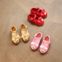 Childrens leather shoes 2017 spring new gold bow net face princess leather shoes pearl princess shoes bow tie children shoes gir