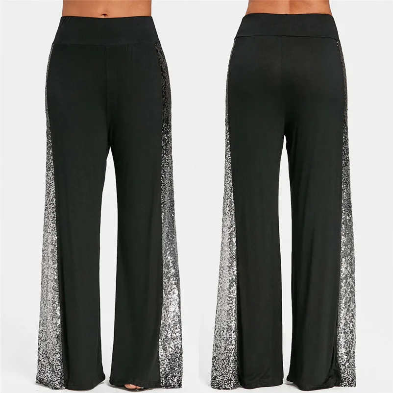

Fashion Women female Wide Leg Pants ladies Loose Gradient Sequins Insert Trousers Solid Daily Casual Mid waist Trousers #25A