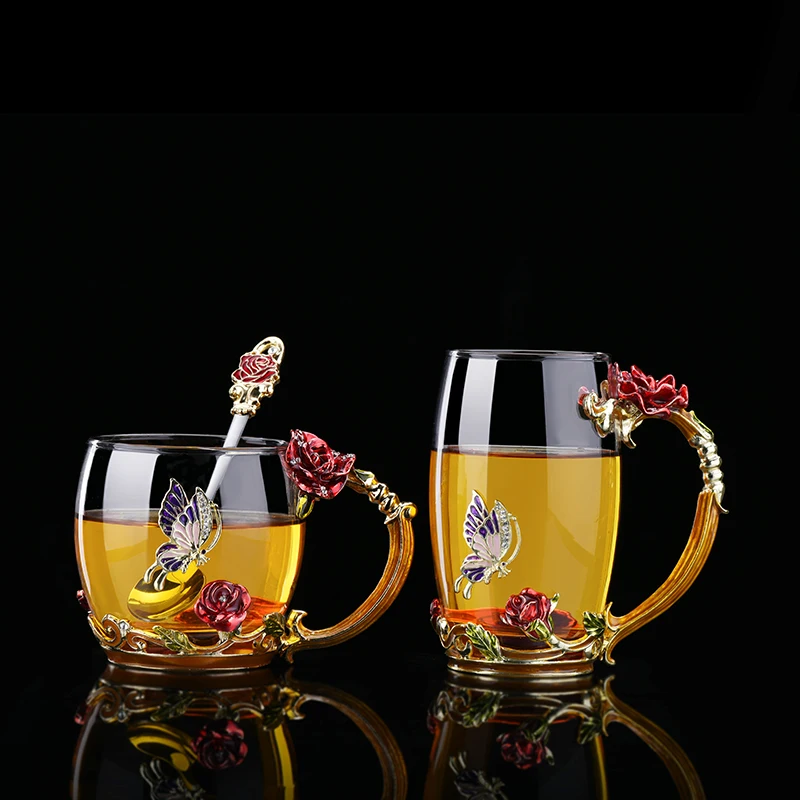 Red Rose Enamel Crystal Cup Flower Tea Glass High grade Glass Water Cup Flower Mug with Handgrip