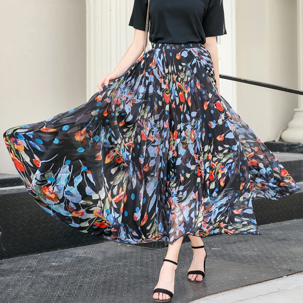 Women Chiffon Floral Circle Skirt Lightweight Long pleated Maxi Skirts ...