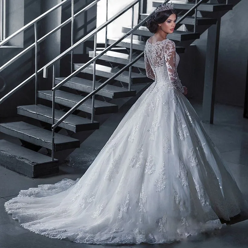 Свадебное платье принцессы KKW891 роскошное кружевное бальное с длинным рукавом