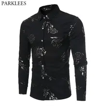 Повседневная мужская рубашка с принтом розы, новинка, брендовая приталенная Мужская рубашка с длинным рукавом на пуговицах, мужская деловая рубашка с цветочным принтом