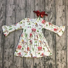 Новая весенне-зимняя детская одежда из молочного шелка с героями мультфильмов для девочек детское Хлопковое платье до колена с длинными рукавами и рюшами Эксклюзивное платье с бантом