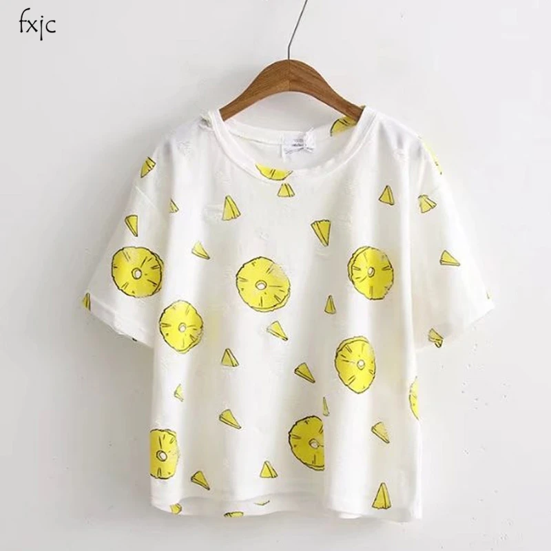 

2018 summer fruit pattern short-sleeved small fresh women t-shirt female wild hole bottoming shirt