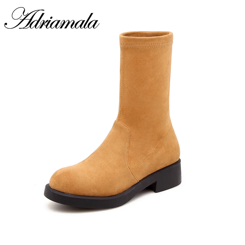 

2018 Cow Suede Women Motorcycle Boots Mid-calf Slip-on Basic Round Toe Square Heel New Fashion Boots For Ladies Adriamala