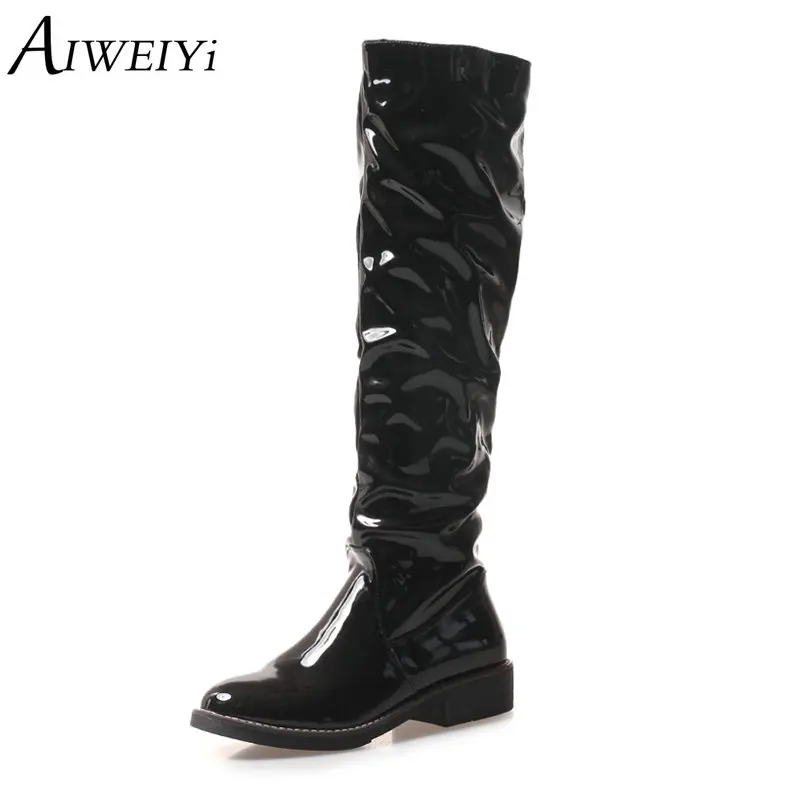 

AIWEIYi Shoes Women Knee High Boots Patent Leather Flat Heel Boots Casual Shoes Winter Boots Footwear Shoes Woman