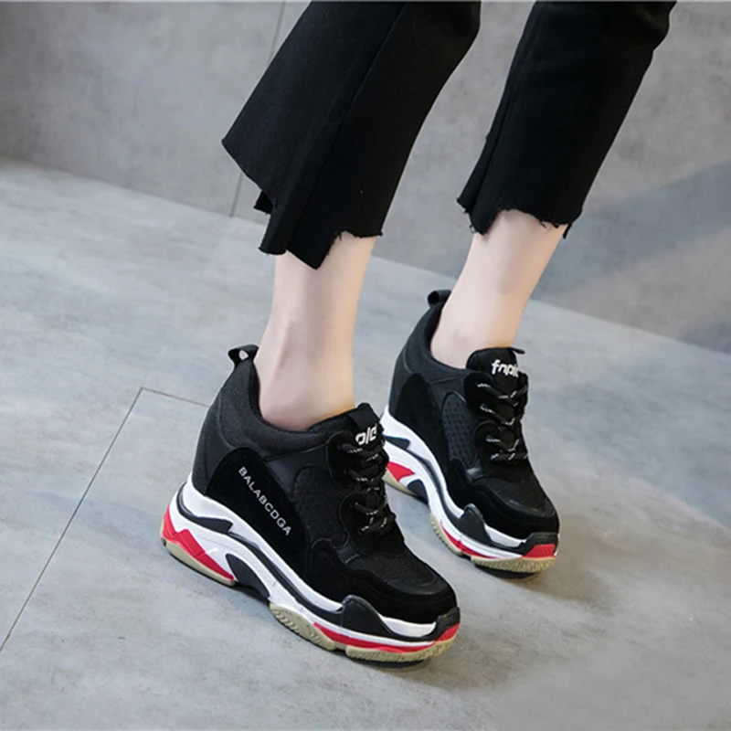 

Fashion Super High Heel 10cm Sneakers Shoes Women Lady Casual White/Black Women Sneakers Platform Wedges Height Increasing Shoes