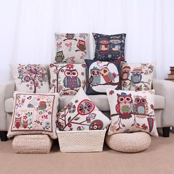 

18'' Hot Sale Cotton Linen Owl Bird Throw Pillow Case 15