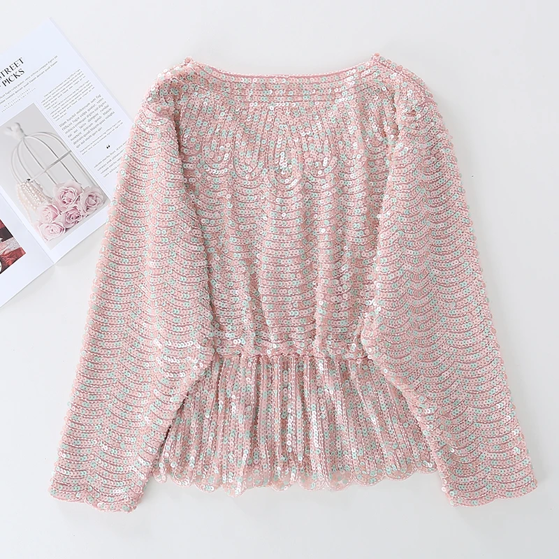 Colors Ruffles Sequined Beading Women Luxury  Fashion V-neck Batwing Sleeve Pullovers Blouse Top 2