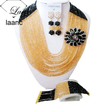 

Laanc 16 layers 4mm Beads 22inches Black Gold Bridal Crystal Jewelry Set Women African Beads Nigerian Necklace AL380