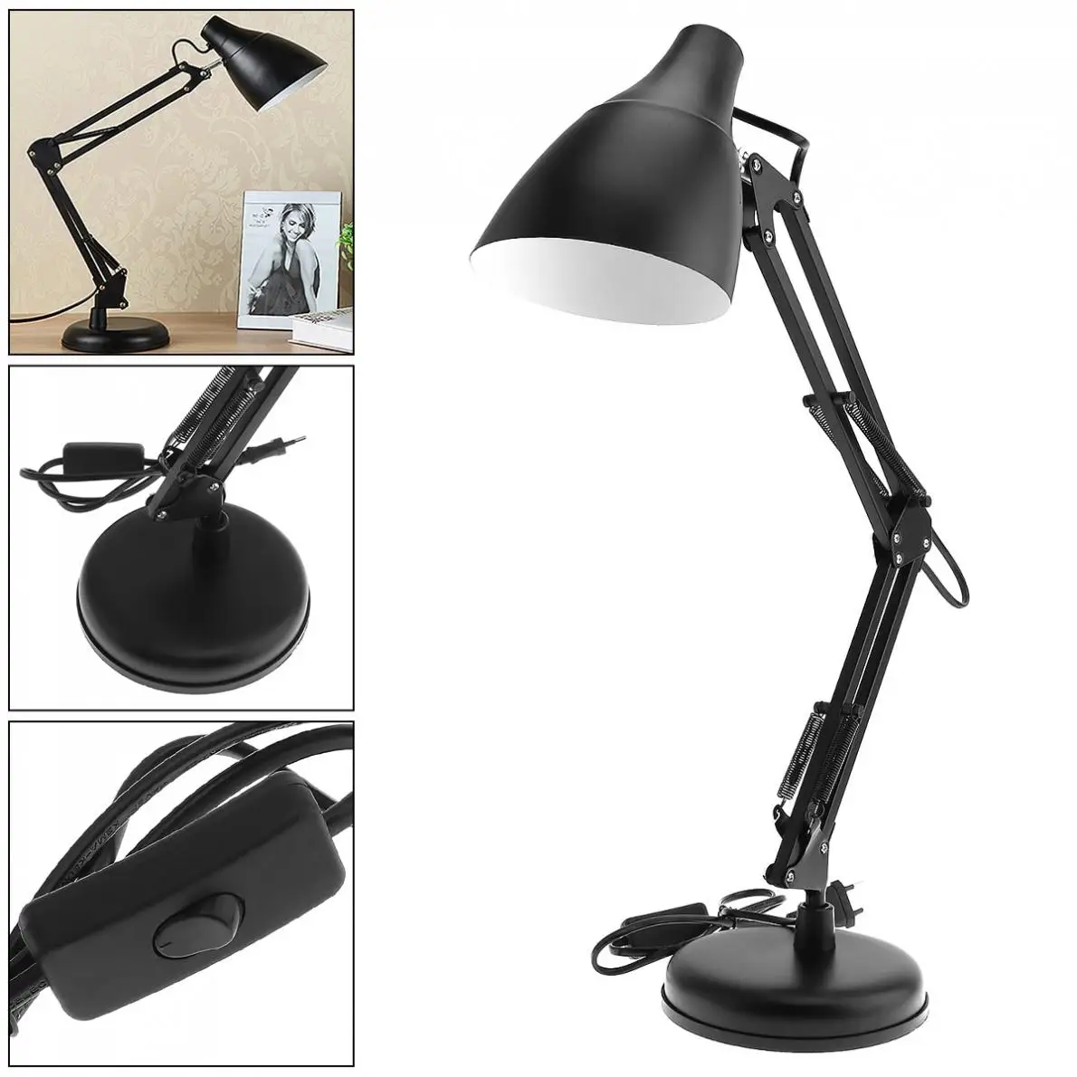 Black desk lamp e27 flexible swing arm table reading light lamp w