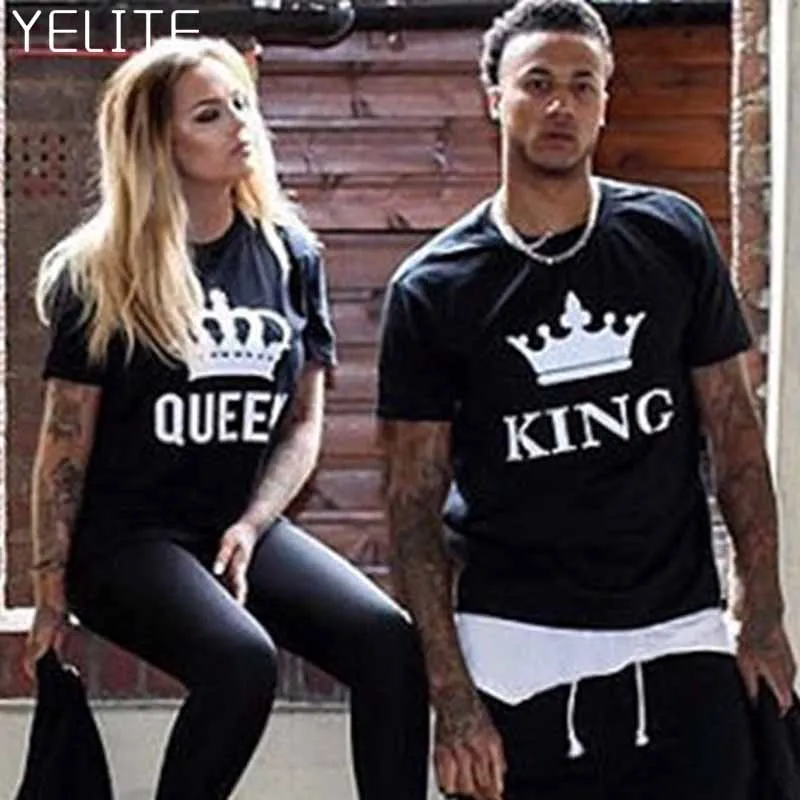 

YELITE NEW KING QUEEN Letter Printed Black Tshirts 2019 Summer Casual Cotton Short Sleeve Tees Tops Brand Loose Couple T shirt