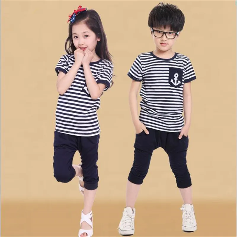 

Sport Style 2016 Cool Summer Baby Boys Sets NavyBlue Striped Short-Sleeve+Cotton Pants High Quality Sport Casual Kids Clothes