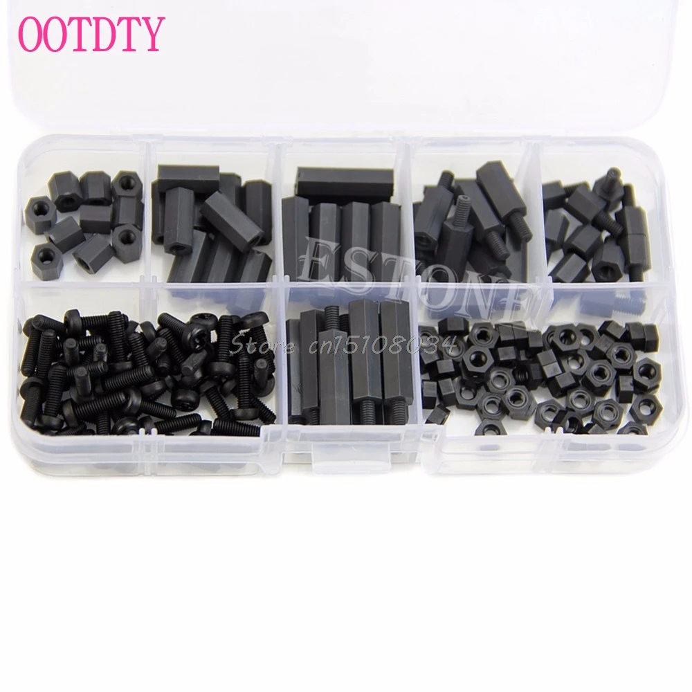 Hex Nuts Assortment Kit 160Pcs M3 Nylon Black M-F Hex Spacers Screw Nut Assortment Kit Stand off Set Box