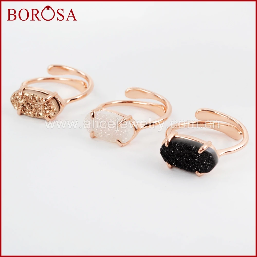 

BOROSA 5pcs Rose Gold Color Hexagon Rainbow Titanium Druzy Rings Prong Setting Natural Stones Ring Fashion Women Jewelry ZG0320