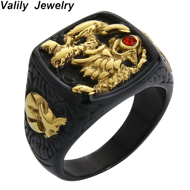 Мужское Золотое черное кольцо EdgLifU, Золотое кольцо с драконом и красным камнем, Винтажное кольцо из нержавеющей стали, панк кольцо на палец для мужчин