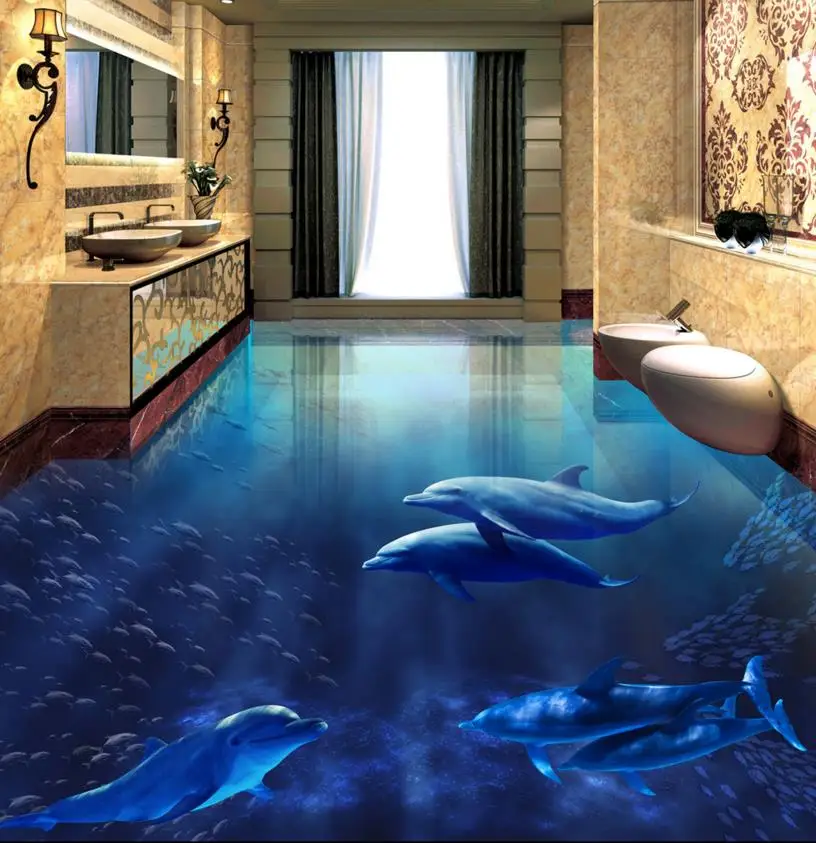 Пользовательские 3d Пол ПВХ Виниловый Пол дельфины 3D Пол обои водонепроницаемые самоклеящиеся ПВХ 3D обои