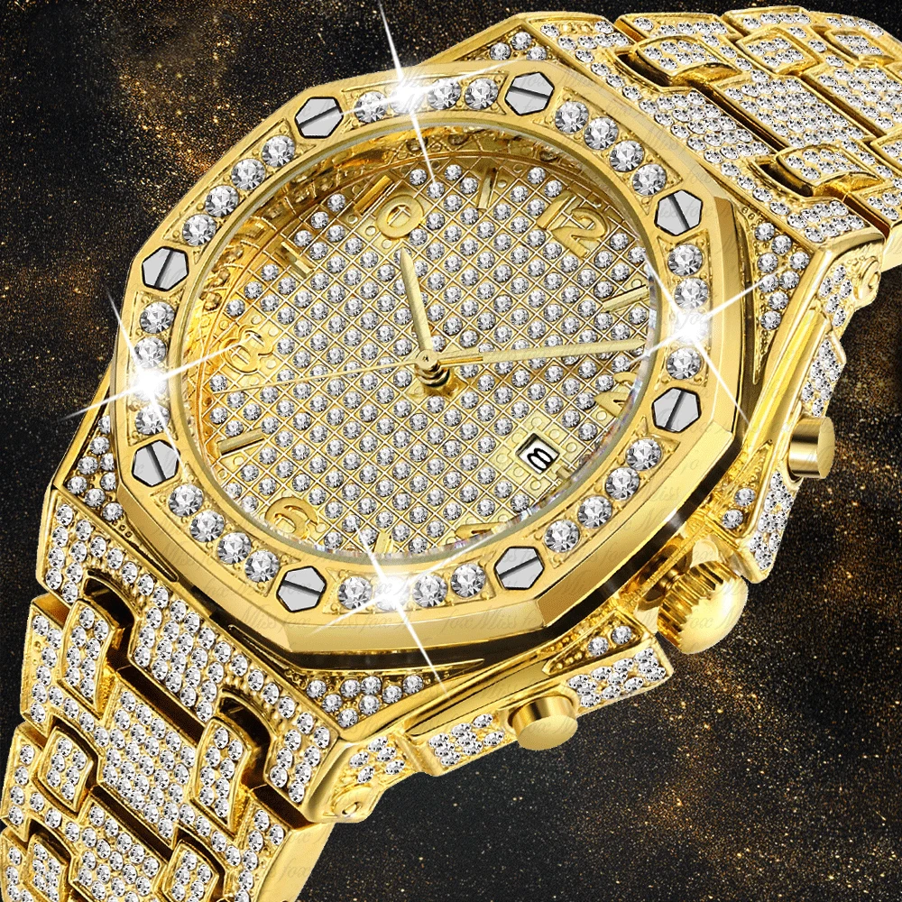 

HOtTop Brand Luxury Diamonds Watch Trending Unique FF 18k Gold Watch Quartz Iced Out Mens Chronograph Male Watch Stainless Steel