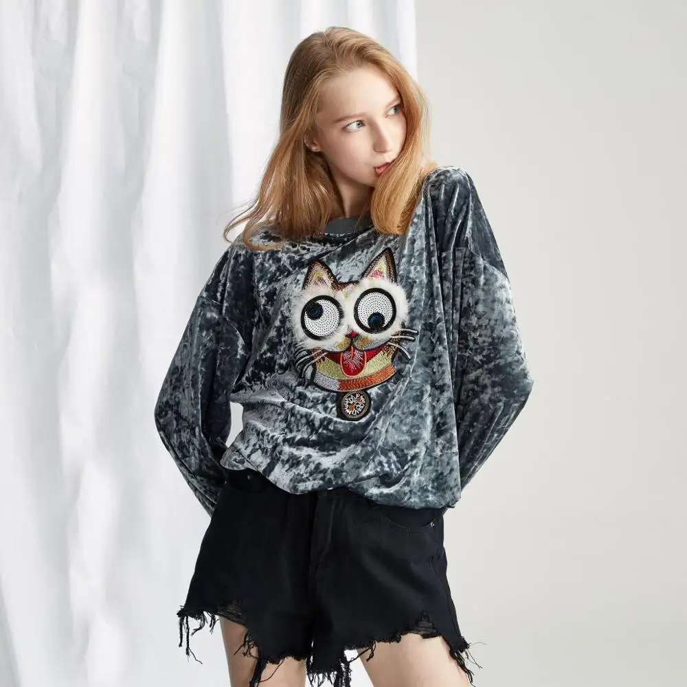 

Free Shipping PINLI women's clothing Spring female 2018 new fun velvet fashion loose ageing lazy ladies sweatershirt UA183109176