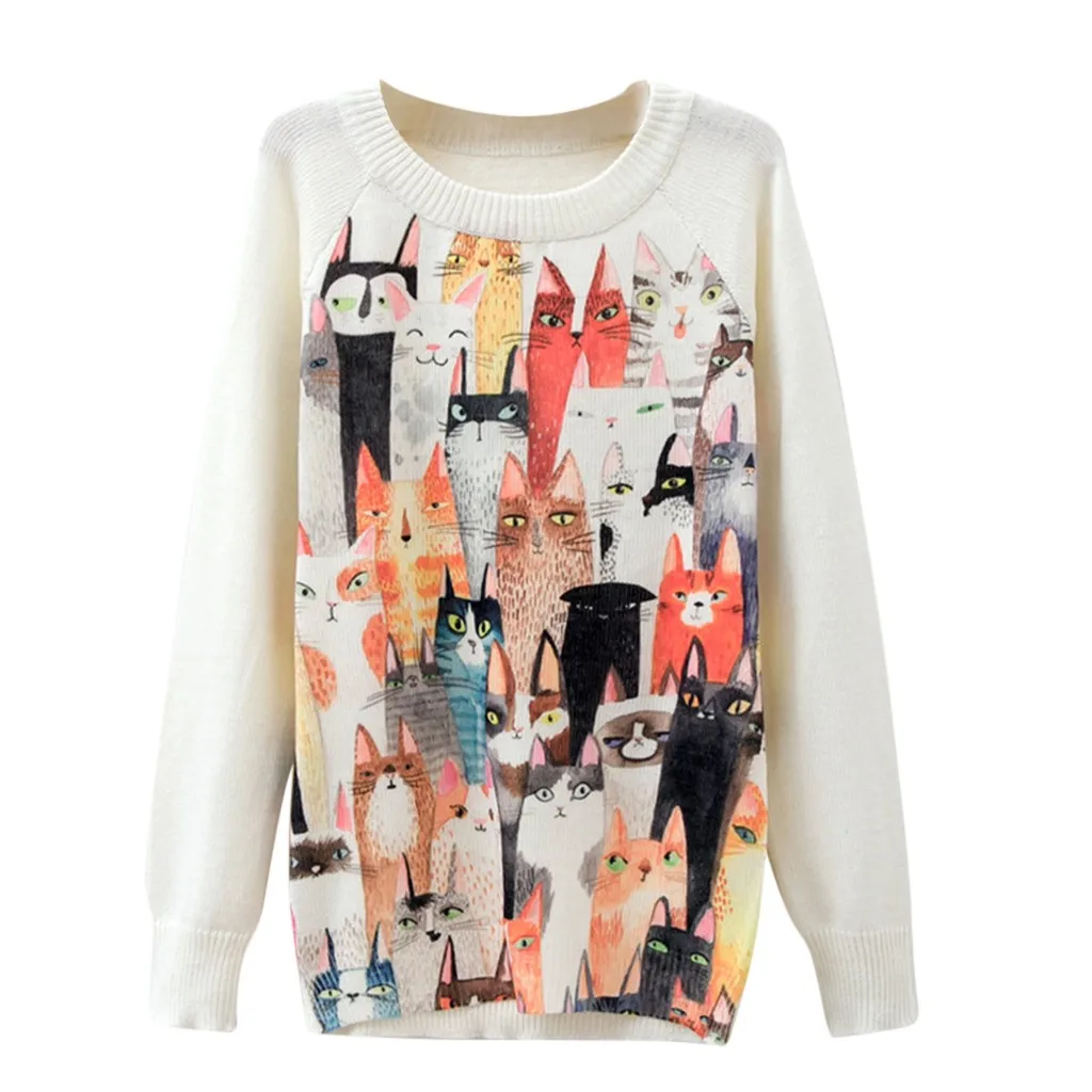 

JAYCOSIN 1pc Women Sweater Autumn Winter Fashion Style Winter O-Neck Cat Print Loose Long Sleeve Warm White Animal Sweater z1211