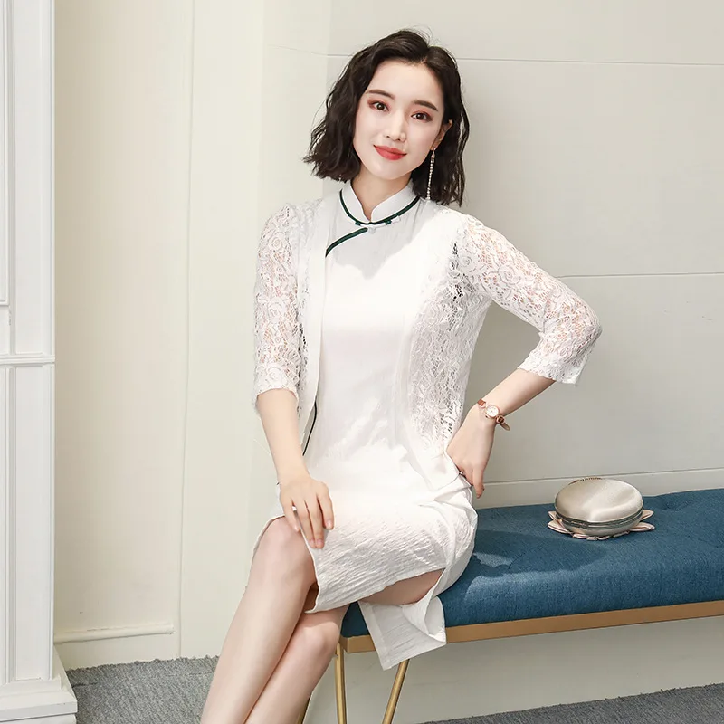 coat and dress Белое летнее платье в китайском стиле, винтажное женское Короткое платье Qipao, классическое сценическое шоу, элегантное женское платье-Ципао, размер S-XXXL - Цвет: coat and dress