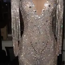 Блестящее Сетчатое платье с цепочками и кристаллами, вечернее платье для вечеринки, вечернее платье для выступлений певицы YOUDU