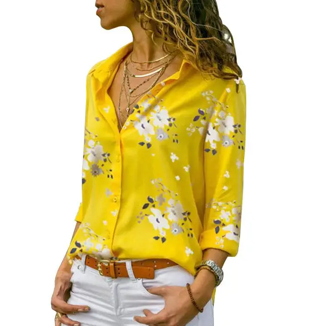 Long Sleeve Women Blouses 2021 Plus Size Turn-down Collar Blouse Shirt Casual Tops Elegant Work Wear Chiffon Shirts 5XL Yellow