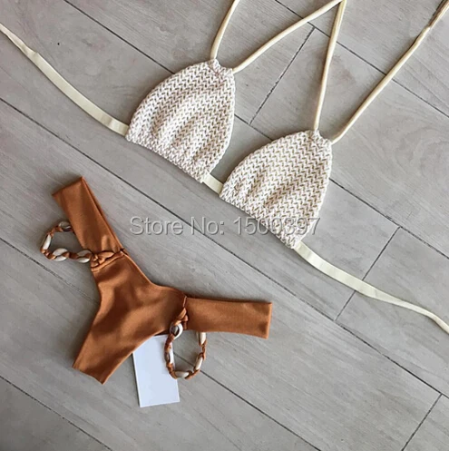 

2017 New Arrival Odd Bikini Brown Bottom with Shell & Triangle Bra Sexy Bandage Swimwear Padded Swimsuit