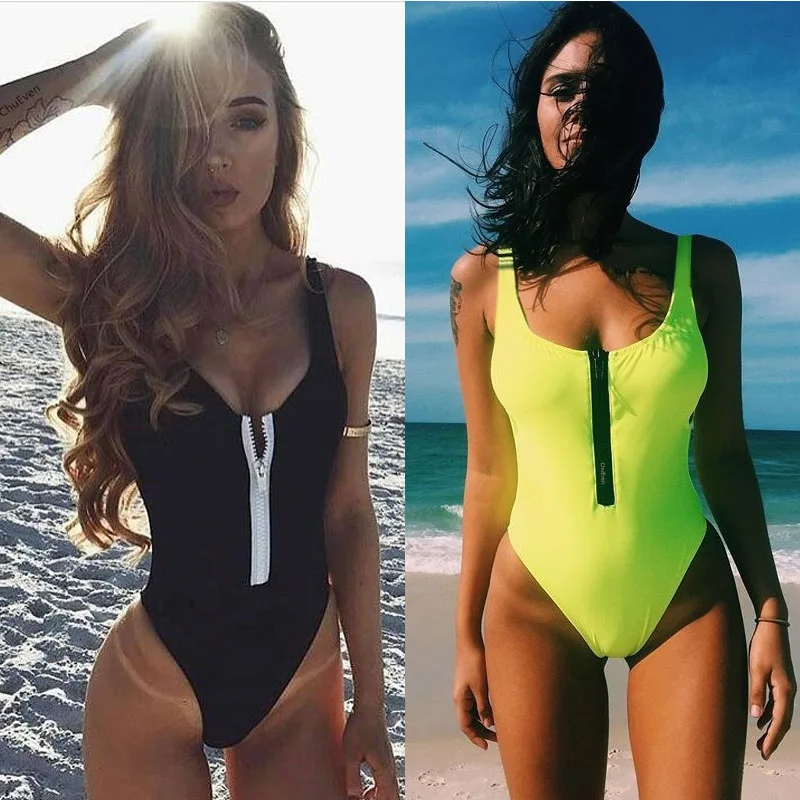 

2019 Summer One Pieces Swimsuit Female Swimming Monokini Zipper Thong Swimwear for Women Beach Bathing Suit Bather Monokini