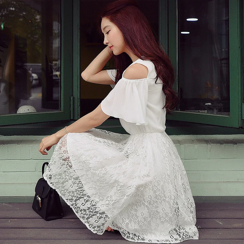 

Dabuwawa Women's Summer New Fashion Elegant Bow O-Neck Lace White Dress D17BDR203