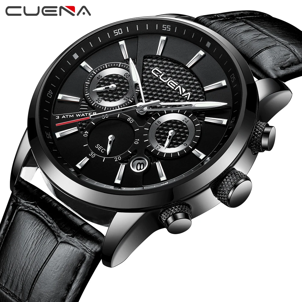 

CUENA Men's Watches Analog Quartz Leather Strap Stopwatch Luminous Hands Calendar 30M Waterproof Watches Men Fashion Watch 2018
