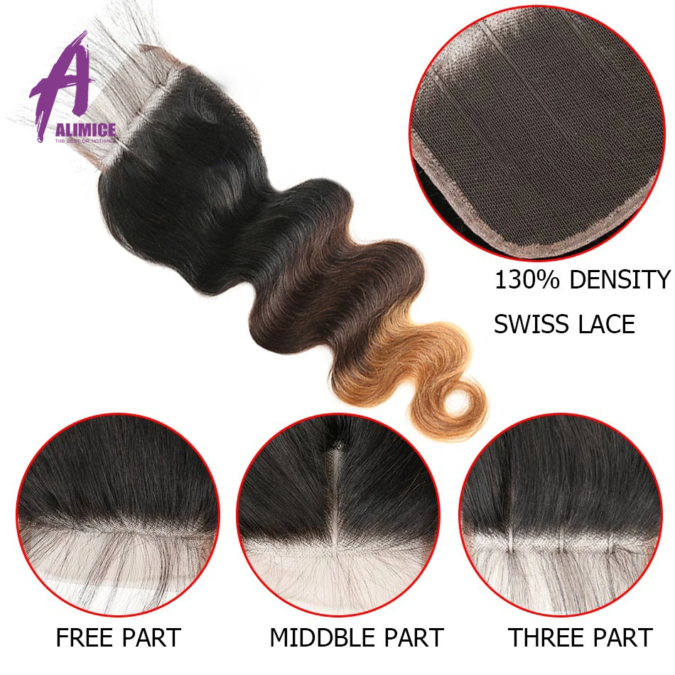 Alimice Ombre Bundles With Closure Peruvian Body Wave T1B/4/30 Color 100% Human Hair Weaves 3 Tone Non Remy Hair Extensions