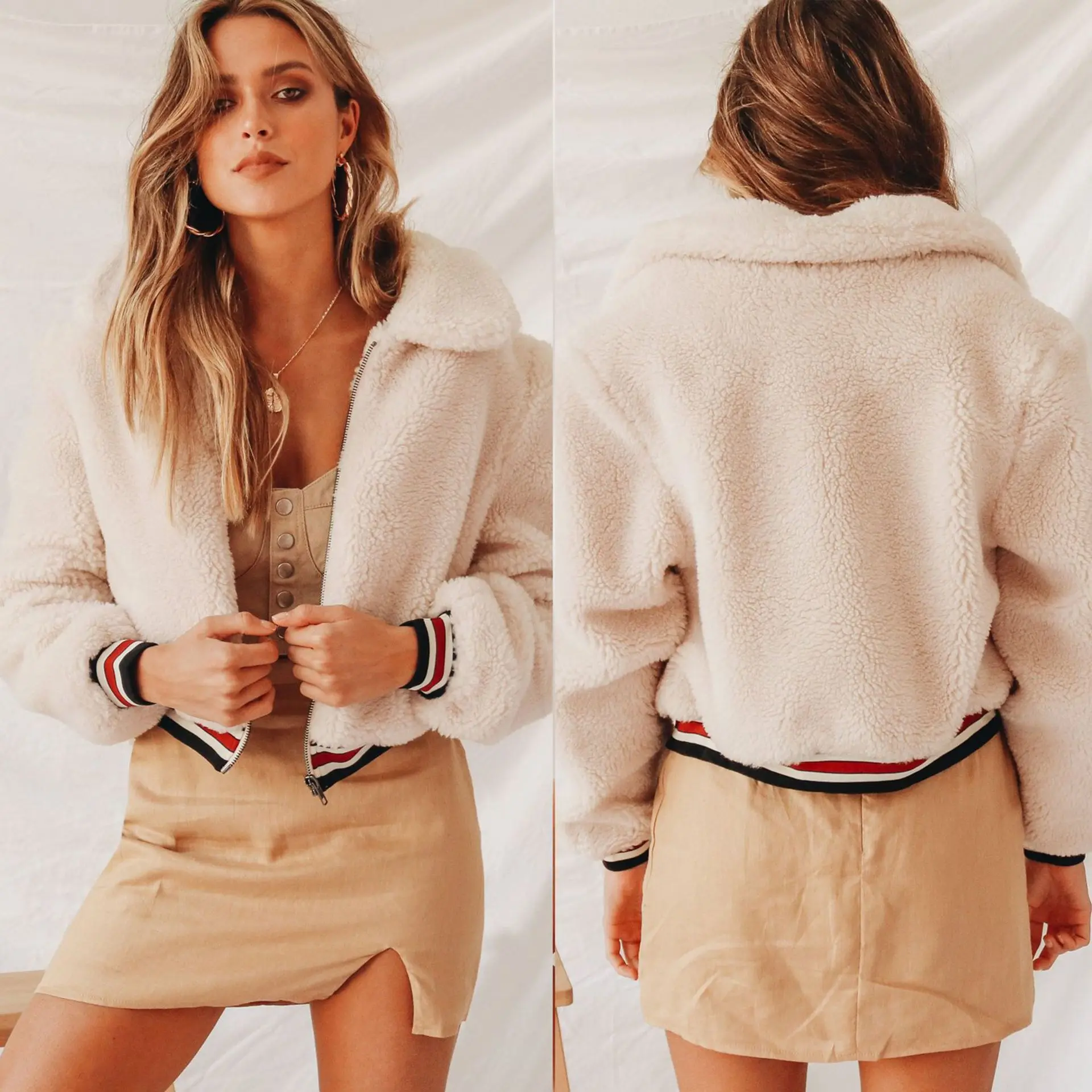 

2019 Fall Winter Women Casual Solid Color Plush Zipper Open Stitch Women Causual Coats Cardigans Outwear Jacket Women Coat