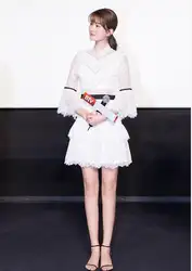 2019 торт платье Qiao Xin знаменитости сексуальные кружева половина печати Мини Женщины Flare рукавом Ночной клуб прозрачные вечерние платья оптом