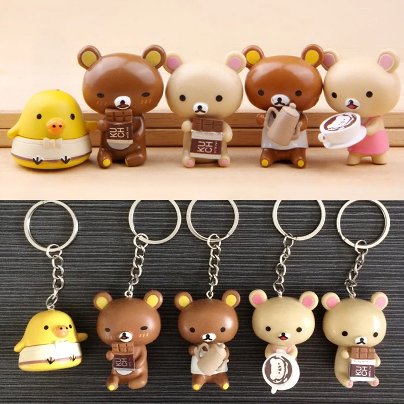 

free Shipping Good PVC Cartoon Anime Rilakkuma Figure Keychain Happy Dinner Mini Chocolate Bear Toy Pendant Girl Gift Decoration