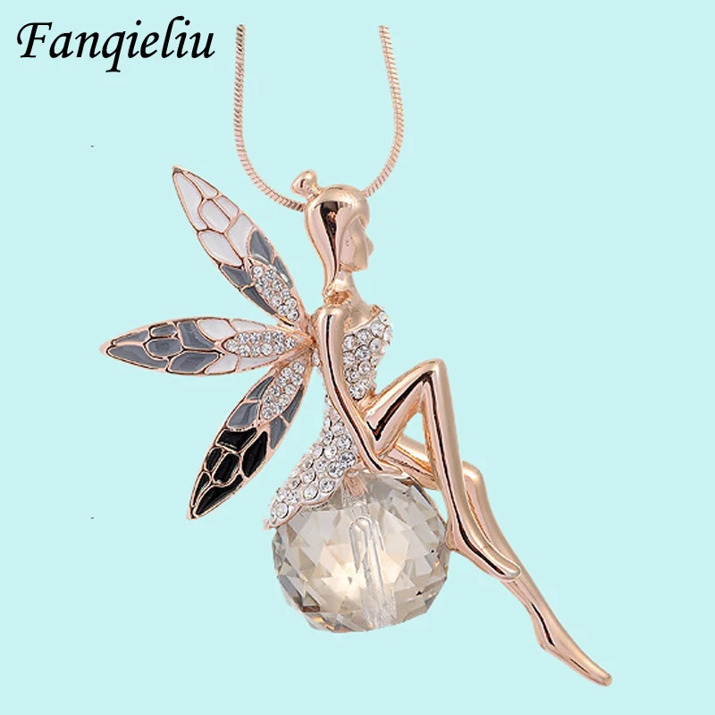 

2019 NEW Designer Fashion Crystal Jewelry Rhinestone Necklace Women Angel Wings Sweater Chain Gold Pendant Necklace FQL621